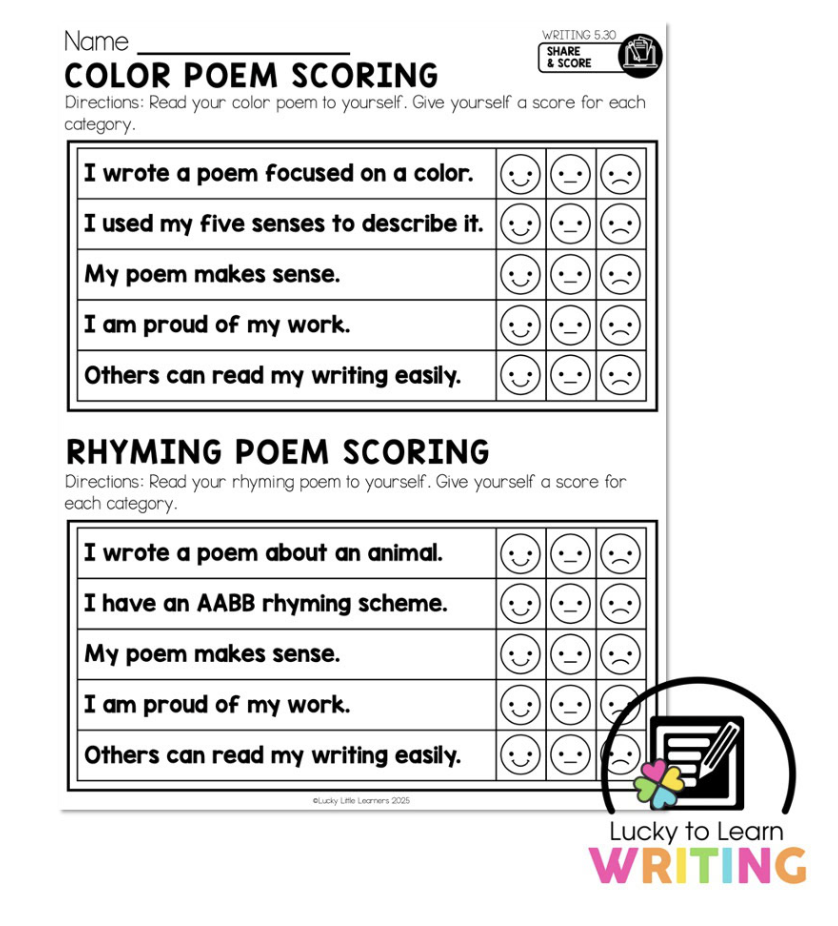 A scoring rubric for 2nd grade students to self-assess their color poems. The rubric includes categories like sensory details, sentence structure, neat handwriting, and the use of correct punctuation.